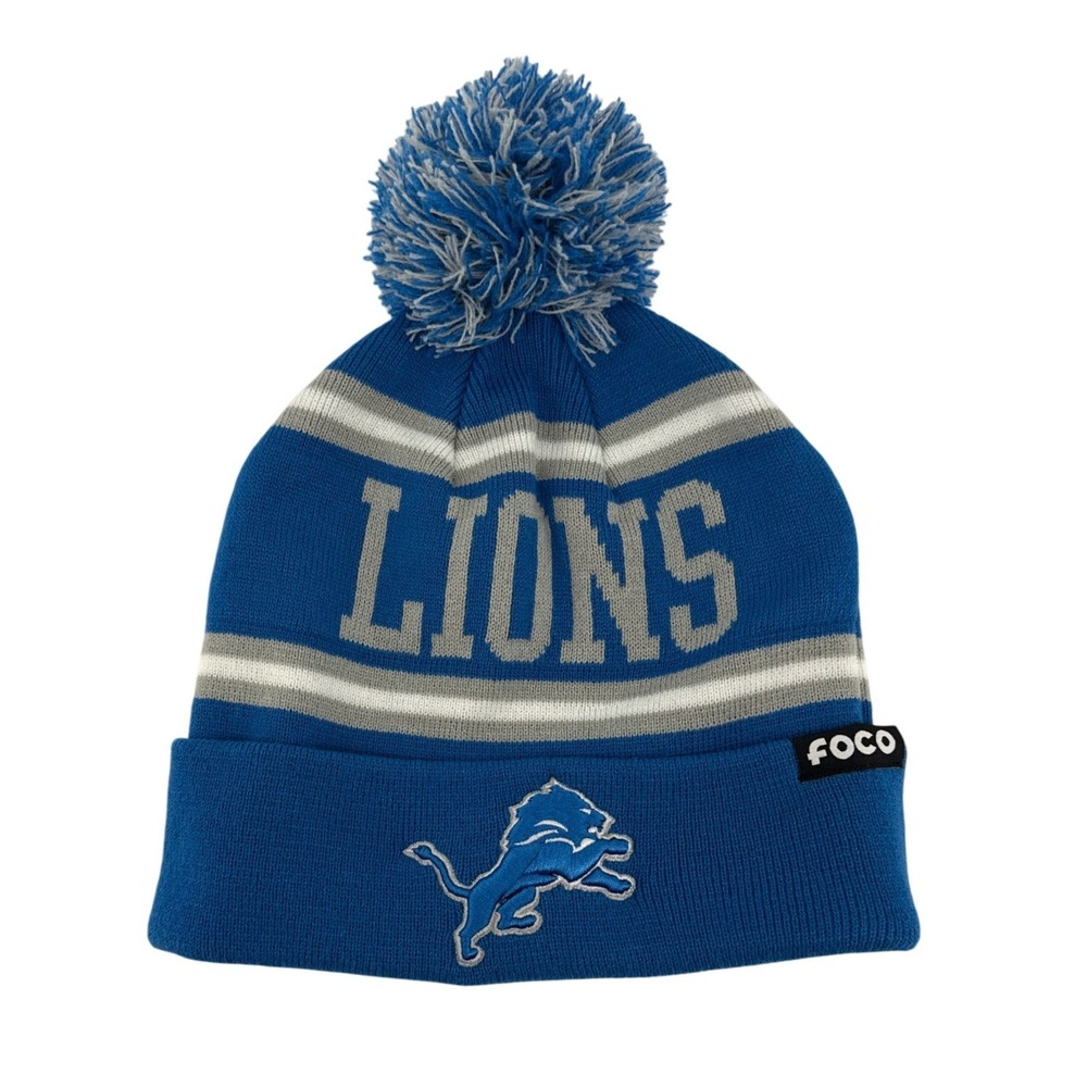 FOCO Detroit Lions NFL Blue Silver Pom Pom Cuffed Beanie Knit Hat PIA0824-00001